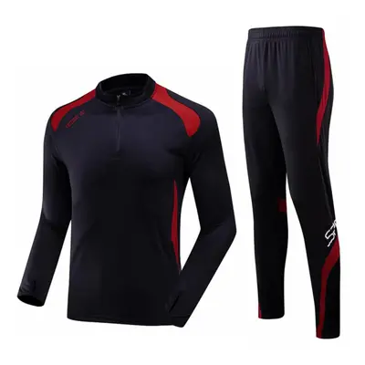 ( black & red, 4XS(100-110cm)) Long Sleeve Football Training Suit Fall/Winter Sports Set For Adu