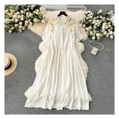 (white, One Size) Women Vintage Embroidery Pleated Single Breasted A-line Dresses Lapel Half Sle