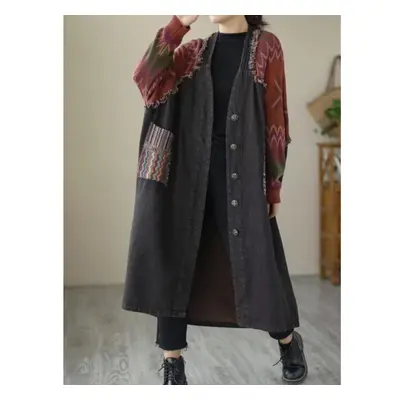 (gray, One Size) Johnature Women Vintage Denim Patchwork Trench V-neck Long Sleeve Button Autumn