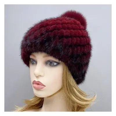 (wine, 55-59cm) Natural Mink Fur Hats Women Knitted Beanies Woolen Lining Fox Fur Pompom Warm Fe