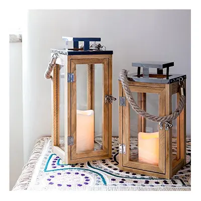 Lights4fun Large Nautical Wooden Decorative Candle Lantern LED Battery Operated with Rope Handle