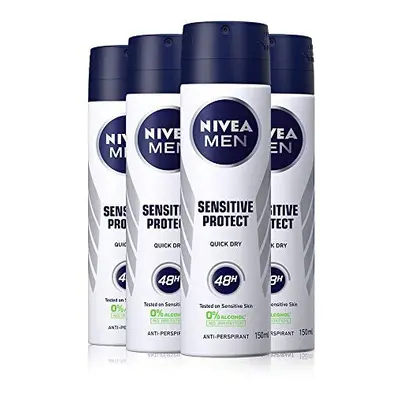 NIVEA MEN Anti-Perspirant Deodorant Spray Sensitive Protect Pack of (4 x 150ml), Mens Antiperspi