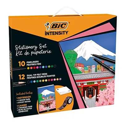 Intensity Japan Stationery Kit with Fineliners, Dual-Tip Felt Pens, Washi Tape, Sticky Notes, No