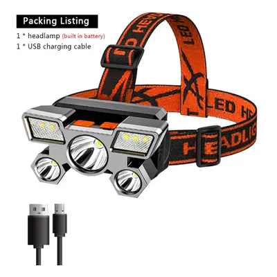 (A Packing) 5LED Bright Portable Headlamp USB Rechargeable Built-in Battery Flashlight Lightweig