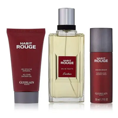 Habit Rouge Guerlain Pcs Set: 3.3 Eau De Toilette Spray + 2.5 All-Over Shampoo + 1.7 Deodorant S