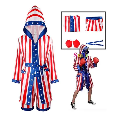 (S) Caraele 4pcs Rocky Balboa Boxer Cosplay Clothes With Shorts Movie Boxing Robe Hooded Cloak S