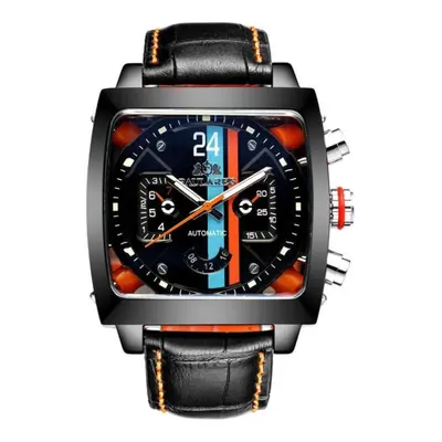 (black) Paulareis Automatic Self Wind Mechanical Genuine Leather Stainless Steel Black Orange Bl