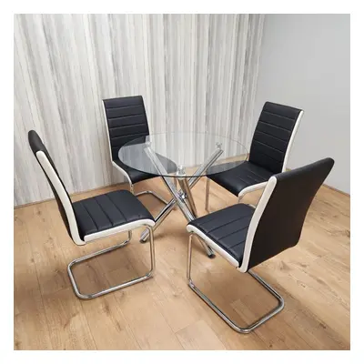 Round Chrome Metal Clear Glass Table and Stylish Dining Chairs Set