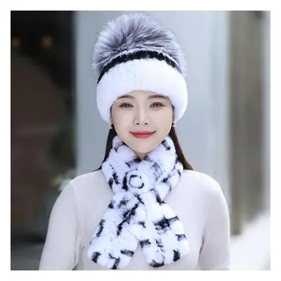 (white,black, Good elasticity 52cm-60cm) Rex Rabbit Fur Hat Scarf Sets Women Winter Warm Luxury 