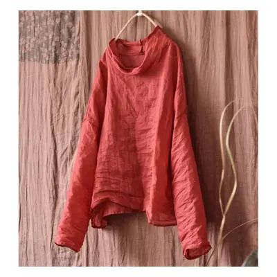 (red, One Size) Johnature Women Spring T-shirts Solid Color Long Sleeve O-neck Tees High Quality