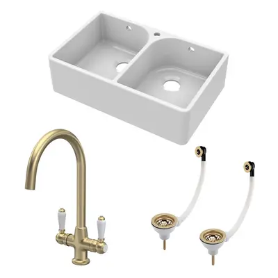 Fireclay Kitchen Bundle - Double Bowl Full Weir Tap Hole Butler Sink, Wastes & Lever Tap, 795mm 