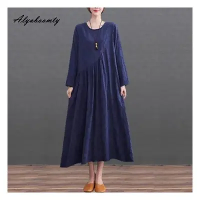 (navy blue, M) Mori Girl Spring Autumn Women Solid Midi Dress O Neck Red Navy White Casual Loose