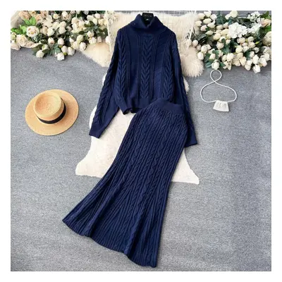 (navy blue, One Size) Winter New Turtle Neck Long-sleeved Twisted Sweater + High Waist Mermaid K