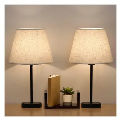 (Creamy/Black) Table lamp set 2, modern small table lamp with linen shade and black metal frame