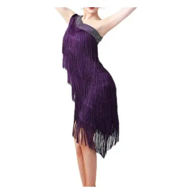 (purple, One Size) Women Sequin Elegant One Shoulder Latin Dance Dress Adult Sexy Tassel Fringe 