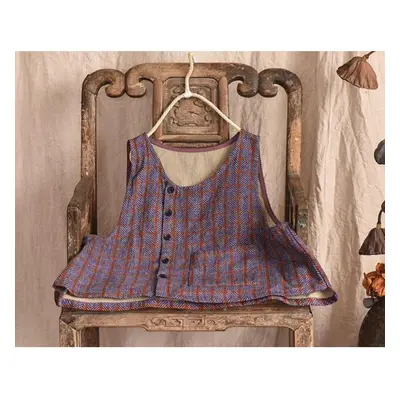 (purple, One Size) Johnature Women Vintage Plaid Vests Cotton Linen Coats Spring Button Pockets 