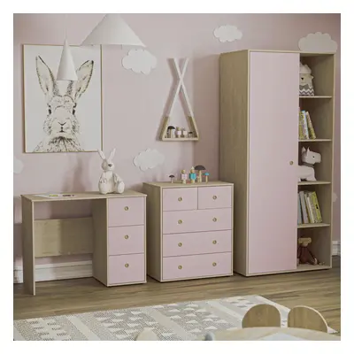 (Pink & Oak) Neptune Piece Bedroom Set Desk Drawers Wardrobe