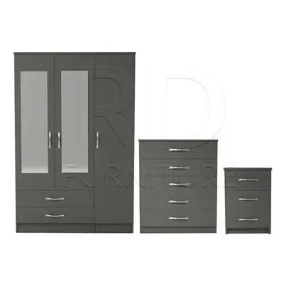 Ready assembled Pcs Classic Door Drawer Mirrored Wardrobe, Chest And Bedside Set Grey