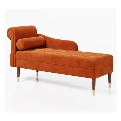 (Orange) Velvet Chaise Longue with Armrest & Lumbar Pillow