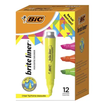 BIc Brite Liner Highlighter Tank style chisel Tip Box of Assorted Fluorescent Highlighters