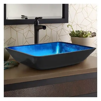 (Gradient Blue) Rectangular Tempered Glass Bathroom Sink Drain Set