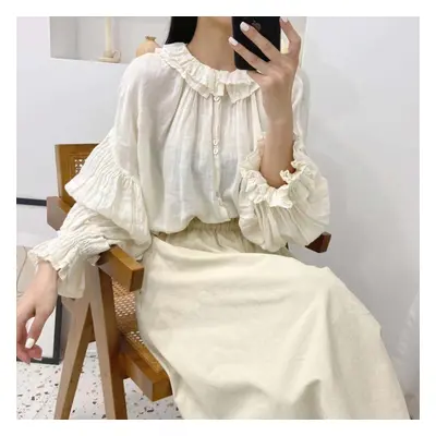 (beige, One Size) Johnature Autumn Vintage Linen Button Mori Womens Tops And Blouses Ruffles Col