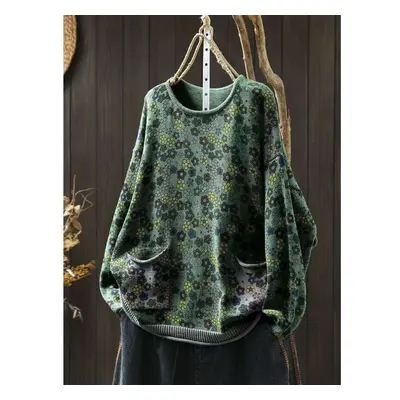 (One Size, green) Johnature Woman Autumn Chinese Style Vintage Print O-neck Loose Sweater Fashio