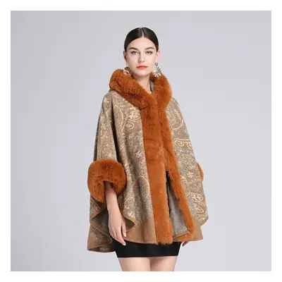 (camel, One Size) Winter Women&apos;s Shawl Cape Fur Collar Jacquard Hooded Large Size Seven-poi