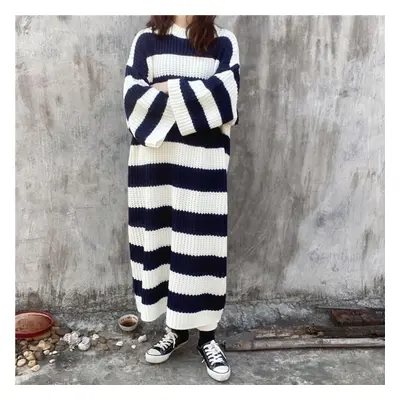 (dark blue, One Size) Stripe Crew Neck Pullover Sweater Women Autumn Winter Loose Vintage Long K