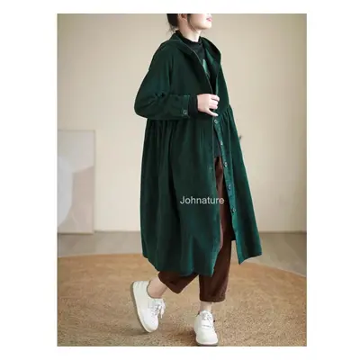 (green, One Size) Johnature Women Vintage Corduroy Hooded Trench Button Solid Color Long Sleeve 