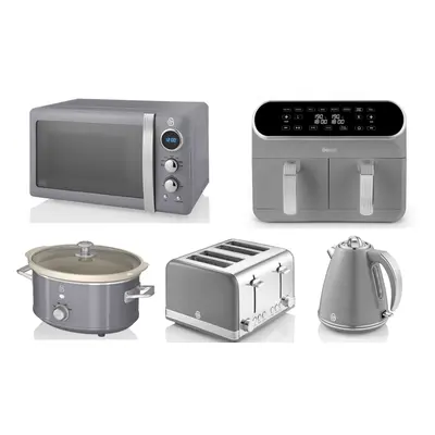 SWAN Retro Grey Kettle Toaster Microwave Air Fryer & Slow Cooker Set