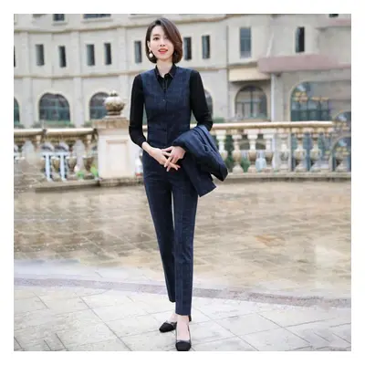 (blue, M) Women Business Work Wear Ladies Office Professional Ol Blazers Fashion Plaid 3pcs Suit