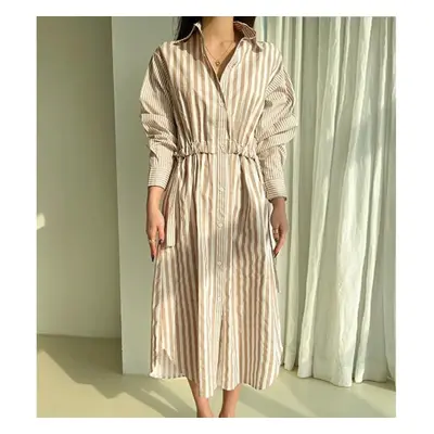 (beige, One Size) Spring Autumn Women's Striped Shirt Dress Fashionable Plus Size Loose Irregula