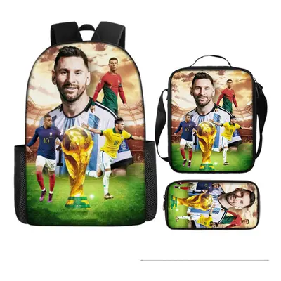 (14) 3Pcs Boys Girls Neymar Ronaldo Messi Backpack Lunch Bag Pencil Case Schoolbag