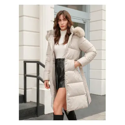 (Apricot, S) Padded down coat with hood and plush trim