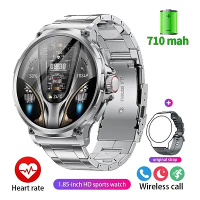 (Silver, Silicone + steel) New 1.85-inch ultra HD smartwatch, GPS track HD Bluetooth call mah la