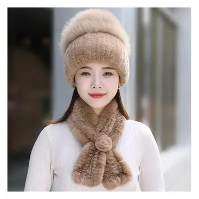 (khaki, Good elasticity 52cm-60cm) Rex Rabbit Fur Hat Scarf Sets Women Winter Warm Luxury 100% G