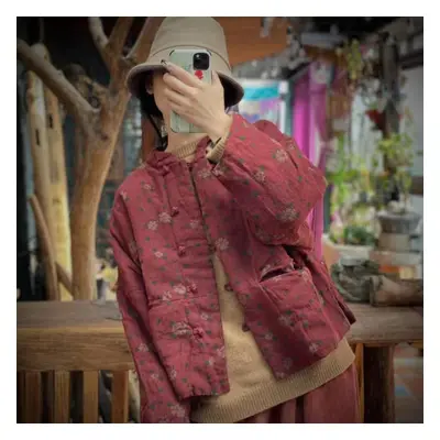 (red, One Size) Johnature Linen Print Vintage Chinese Style Women Coats Spring Full Sleeve Loose