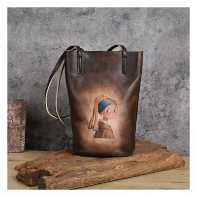 (auburn) Johnature Retro Real Cowhide Hand-printed Women Bag Natural Genuine Leather Leisure Lar