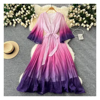 (purple, one size) Luxury Banquet Women&apos;s Dress With Waist Tie Loose V-neck Flare Sleeves G