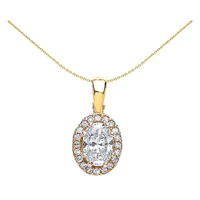 Jewelco London Ladies Yellow 9ct Gold Oval CZ Solitaire Halo Pendant Necklace inch - G9P6006