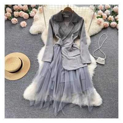 (gray, XL) Spring New Korean Fashion Celebrity Temperament Suit Collar Long Sleeve Stitching Irr