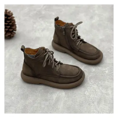 (grey, 38) Johnature Retro Handmade Genuine Leather Plush Short Boots Round Toe Flat Bottom Side