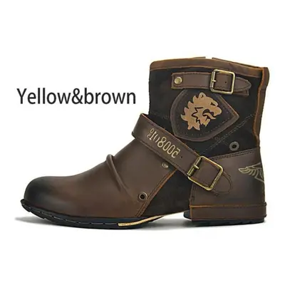 (yellow,brown, 46) Fashion Men Outdoor Ankle Boots Vintage Booties Breathable Male Motorcycle Bo