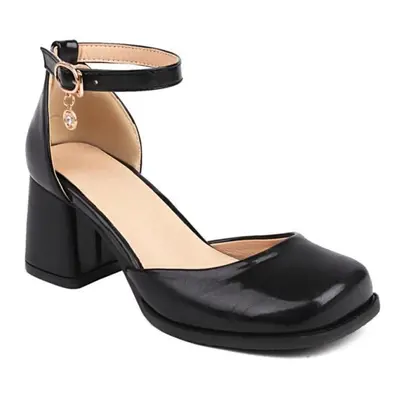 (black, 42) Women Patent Leather Ankle Strap Two-piece Pumps Square Toe Chunky High Heels Buckle