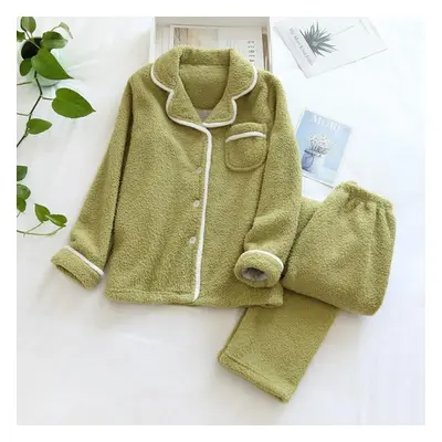 (green, M) Japanese Style Autumn And Winter New Ladies Plus Size Sheep Wool Warm Pajamas Suit Sh