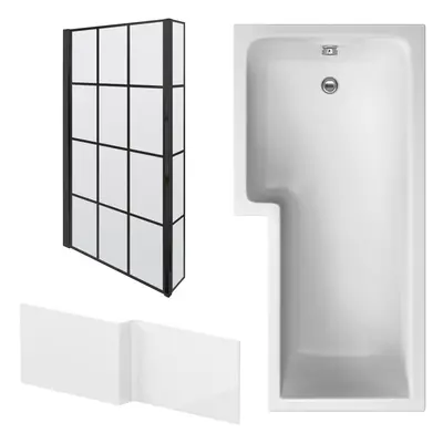 1700mm Left Hand Shape Bathtub, Front Panel with Bath Screen - Satin Black Profile