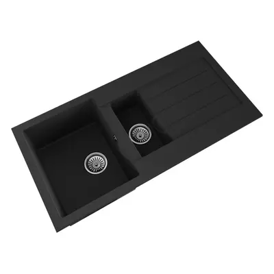 101cm Kitchen 1.5 Bowl Composite Inset Sink with Overflow & Drainer - Matt Black