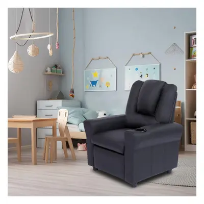 Black PU Leather Recliner Chair with Cup Holder - Modern Design