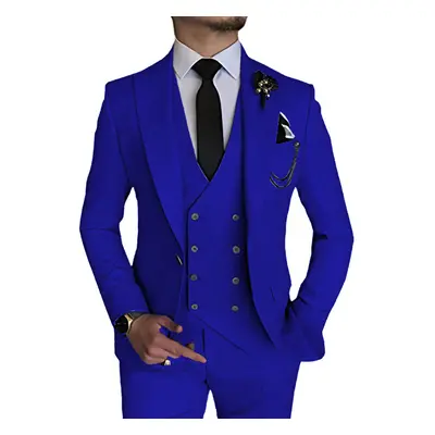 (royal blue, L) Men's Suits Piece Slim Fit Suits for Men Double Breasted Blazer Vest Pants Set B